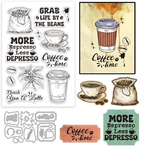 GLOBLELAND Coffee Tag Frame Silikonstempel Metall Stanzformen Malschablonen für die Kartenherstellung Labels Stempel und 'Coffee Time' Schablonen Set für DIY Scrapbooking Kunsthandwerk