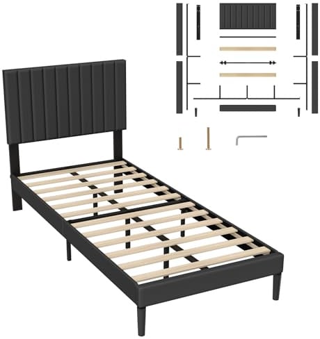 UISEBRT Polsterbett 90 x 200 cm – Bettrahmen mit Knöpfen, Plattformbettgestell mit gepolstertem Kopfteil aus Samt, Holzlattenstütze, Doppelbett für Erwachsene, Modernes Design (Schwarz)