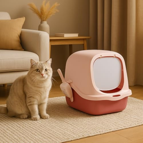 Enclosed Cat Litter Tray Box with Scoop – Covered Hooded Jumbo Litter Box with Flap Door – Detachable Lid for Easy Cleaning – Odour Control Portable Toilet for Large Cats & Kittens (Pink)