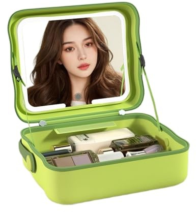 Kosmetiktasche mit Spiegel Kosmetiktasche mit Lichtern und Spiegel, Kosmetiktasche, große Kapazität, Kosmetiktasche, Make-up-Tasche Schminktasche mit Spiegel und Licht(Green Mirror)