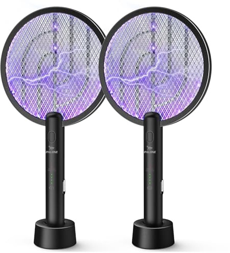 PALONE 2 PCS Raquette Electrique Insectes 4000V, Raquette Moustique Electrique USB Rechargeable avec Lampe UV, Tuer Moustiques et Insectes Volants, Usage Intérieur et Extérieur (Noir, 2PC)