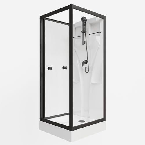 Schulte Komplettdusche Juist in Schwarz, 80x80 cm, 190 cm Höhe – Fertigdusche mit ESG-Sicherheitsglas klar, Schiebetür, Duschwanne & Handbrause – Wellnesskabine EP1914504