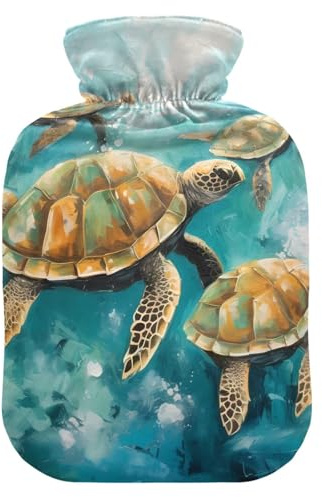 Green Sea Turtle Water Bottle for Hot Water with Soft Cover, 1L Hot Water Bag for Arthritis