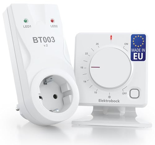ELEKTROBOCK BT013 Funk-Raumthermostat mit Zwischensteckdose| Standfuß | Für elektrische Heizung und Infrarotheizung | Funkreichweite 300m Freifeld | Heiz- & Kühlmodus, Weiß