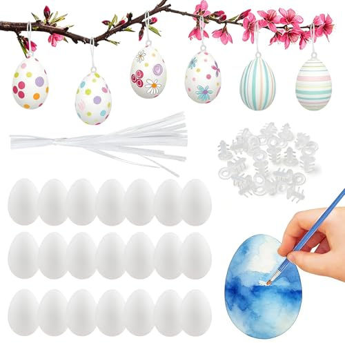 25 Stück Ostereier Plastik weiß 6 cm Ostereier zum Bemalen und Aufhängen, Aufhängen Eier DIY Handbemalte O-stereier Bemalen, Eier Kunststoff mit Seil Basteln,Osterdekoration zum Verzieren (25pc)