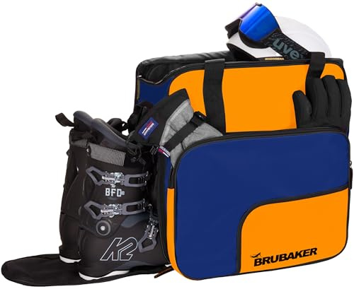 BRUBAKER Skischuhtasche mit Helmfach - Super Function - Ski Helmtasche mit Rucksackfunktion - Skistiefeltasche Skischuhrucksack - Skischuhe Tasche Blau Orange