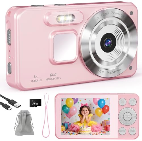 Aroeally Digitalkamera 4K Fotokamera - 64MP Kamera Fotoapparat Tragbare Kompaktkamera mit 2,8 LCD Bildschirm Digital Camera 18X Digitalzoom 32GB SD Karte 1 Schlüsselband für Kinder Anfänger (Rosa)