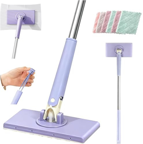 Snap Grip Mini Mop, 2026 Upgraded Zero Touch Mini Mops, Cloth Changing MiniMop with Automatic Hands Free Push Pull Handle, Wet & Dry, with Magic Cleaning Cloth*10 (Purple, 27in)