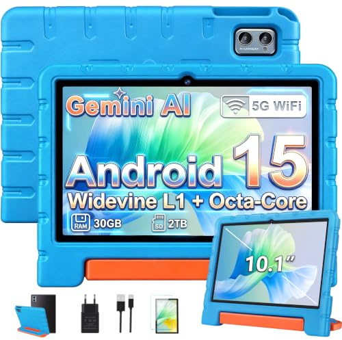ZIOVO Tablet bambini Android 15 Tablet 10 pollici, 30 GB RAM + 64 GB ROM (TF 2 TB) Gemini AI, 5 G WiFi/Octa-Core/Widevine L1/Face ID/Controllo genitore/6000 mAh/BT 5.0, Tablet con custodia EVA - Blu