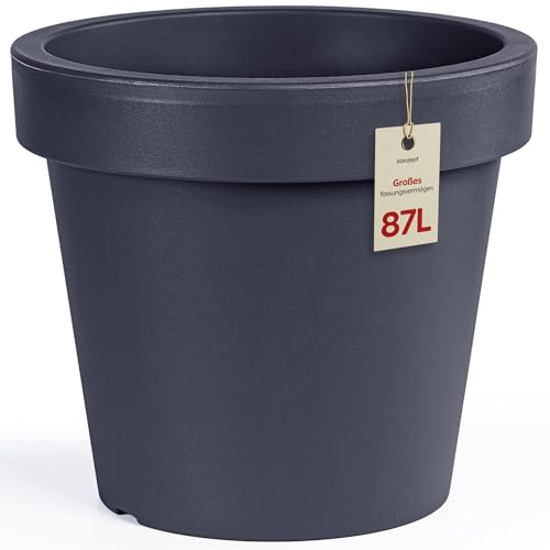KONZEPT Blumentopf 58 cm Durchmesser, H 52 cm – Pflanzkübel groß außen 87 L in konischer Form, Robuster, Stabiler Übertopf aus Kunststoff, UV- & frostbeständig, für Innen & Außen, Anthrazit
