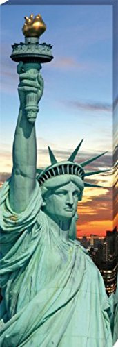 1art1 New York Poster Freiheitsstatue Und Skyline Bei Sonnenuntergang Bilder Leinwand-Bild Auf Keilrahmen | XXL-Wandbild Poster Kunstdruck Als Leinwandbild 120x40 cm