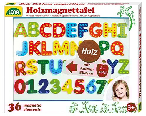 Lena 65822 – Holz Magnettafel Set, magnetische Tafel ca. 44 x 38 cm mit 26 Buchstaben und 10 Zahlen, Lernspielzeug für Kinder ab 3 Jahren zum Schreiben und Rechnen, mehrfarbig