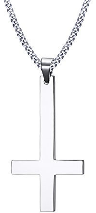 VNOX Men's Women's Stainless Steel Inverted Upside Down Cross Necklace Pendant with Cuban Chain Silver,60cm