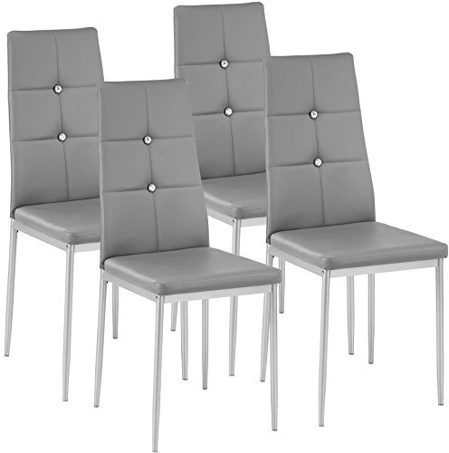 tectake® 4er Set Stühle Esszimmer, 4X bequemer Stuhl Kunstleder mit Glitzersteinen, Esszimmerstühle, Polsterstuhl für Wohnzimmer, Dining Table, Küchentisch, Essstühle, hohe Rückenlehne - grau