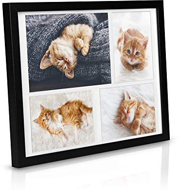 BOMOE Galeria Multi Cadre Photo pour 4 Photos (1x 15x21, 3X 10x15 cm) – Cadre Photo en Bois & Verre Plastique avec Suspension Métallique, Pied de Support & Passepartout – Décoration Murale – Noir