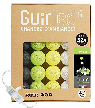 GuirLED - LED Baumwollkugeln Lichterkette USB - Baby Nachtlicht 2h - Dual USB 2A Netzteil enthalten - 3 Intensitäten - 32 Kugeln 3.2m - Forest