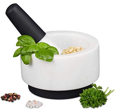 Relaxdays Mortero con Mano, Mármol, Silicona, Duradero, Macizo, Especias y Hierbas, Moledor Piedra, 14 cm Ø, Blanco