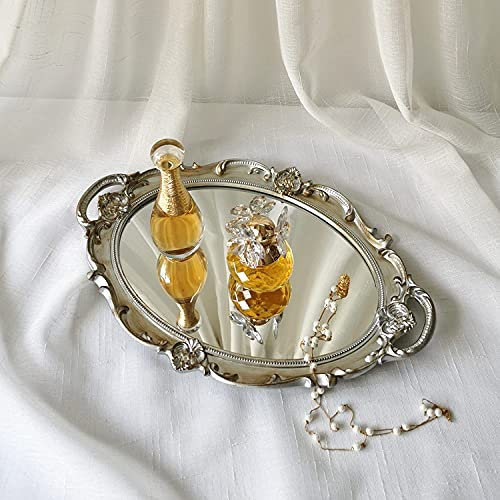 Yamfurga Ovales dekoratives Spiegeltablett, französischer Stil, Make-up-Organizer, Schmuck-Organizer, Serviertablett, 24,9 x 37,1 cm, Goldsilber