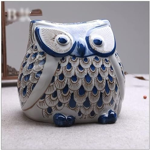Piggy Bank for Kinder, Sparschwein for Jungen Mädchen und Erwachsene, Geld Jar süße Eule Schweinchen Bank Hand bemalte Keramikmünzen Bank Blau und Weiß Porzellan Geldbank kreative Sparschwein for Erwa