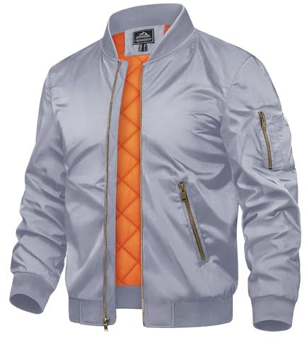 TACVASEN Men's Jackets Smart Casual Bomber Jacket Fall Winter Warm Windbreaker Full Zip Casual Padded Coats Light Grey