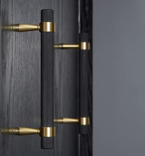BWRMHME Set of 2 Solid Brass Cabinet Pulls 6.3 Inch (5 Inch Hole Centers) Gold Black Knurled Textured Cabinet Handles Brass Pulls for Dresser Door Drawer Hardware (2, Black Gold)
