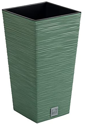 Macetero color verde tierra, con depósito, colección FURU, de 20 x 20 x 38 cm, capacidad de 5 L.