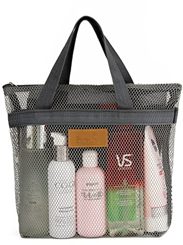 TOPASION Panier de Douche en Maille Portable pour Suspendre Articles de Toilette et Salle de Bain avec Fermeture éclair pour Voyage, Gym, Natation, Camping, dortoir d'étudiant, Plage (Gris)