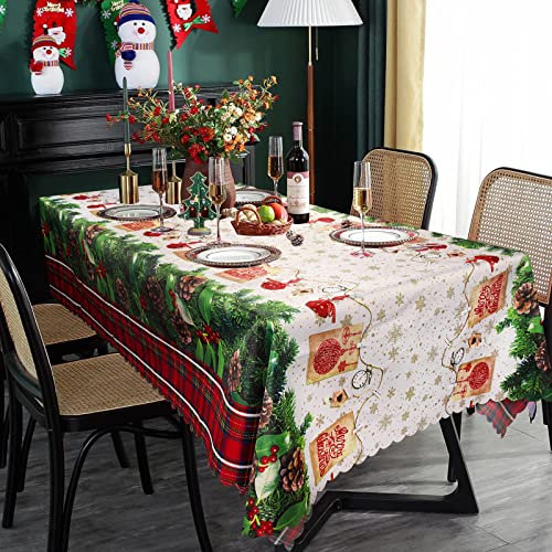 BETESSIN 150 * 180cm Tovaglia Natalizia Fiocchi di Neve Foglie Poliestere Riutilizzabile Lavabile Decorazione Tovaglie per Festa Natale Vacanza Addobbi per Tavola Cucina Casa