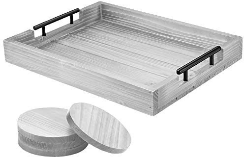 Ottoman Tray | Coffee Table Tray Decorative, Serving Tray with Handles - 17x13 Inch Wood Tray for Coffee Table Tray - with 4 Wooden Coasters -Tray for Ottoman, Breakfast