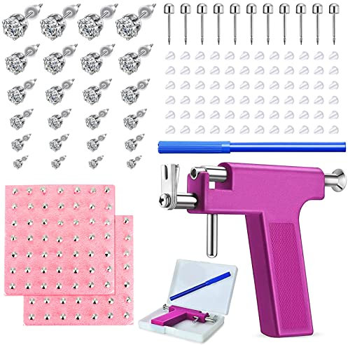 Longbeauty 248 Stk Ohrloch Stecher Ohrlochpistole Kit Edelstahl Piercing Pistole mit Ohrsteckern Körperpiercing Werkzeugset für Nasen Lippe Septum Ohren, Lila