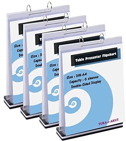TUKA-i-AKUT 4er A4 Hoch Tisch-Flipchart aus Acryl mit Basis, Beidseitig Präsentation Flipchart, Aufstellringbuch, 6 Hüllen je T Form Desktop Flip Chart, Tischaufsteller A4 Hoch, TKD8211-A4-4x