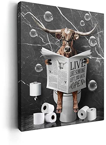 Kasluolo Texas Longhorn Kuh Badezimmer Wandkunst Lustige Hochlandkuh in Toilette Badezimmer Bild Druck Gemälde Wanddekoration für Badezimmer WC Gerahmtes Kunstwerk 40,6 x 61 cm