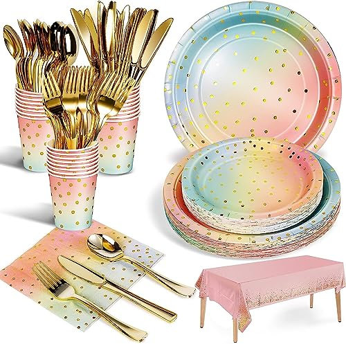 LATERN 141Pcs Rainbow Colors Paper Party Tableware Set Included Dinner Plates, Dessert Plates, Napkins, Cups, Forks, Spoons, Knives, Tablecloth - for Unicorn Birthday Baby Shower Bridal Shower Party