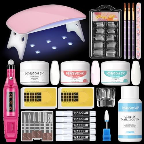 PEACECOLOR Acrylic Nail Kit with Nail Lamp, 3 Colors Acrylic Powder 8g Nails Acrylic Kit with Nail Drill Machine for Beginners Salon Quality Nail Extension