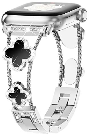 Fullife Metal Strap Compatible for Apple Watch 46mm 45mm 44mm 42mm(Series 3 2 1),Women Bling Stainless Steel Bracelet Straps Replacement Band for iWatch SE Series 11/10/9/8/7/6/5/4/3/2/1,Silver