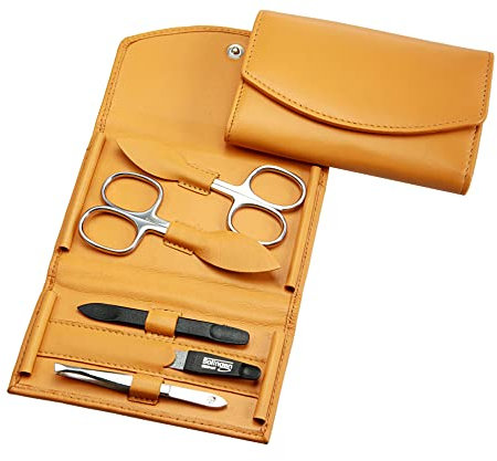 Maniküre Set - 5 teiliges Nagelpflegeset - Echtes Nappa-Lammleder Manicure Etui - Nagelschere, Hautschere, Nagelfeile, Pinzette und Doppelinstrument (Maisgelb)