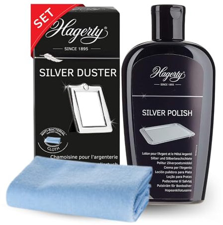 Hagerty Set Silver Polish + Silver Duster Silberputztuch mit Anlaufschutz für Silber und versilbertes Metall Vasen Rahmen I Effiziente Silber-Politur und Silber-Poliertuch für erneuerten Glanz