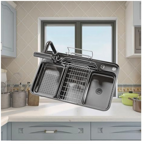 Fregadero Cocina Fregadero Multifuncional Fregadero Cocina 1 Seno Fregadero de acero inoxidable con Grifo,Control de Taiwán,Lavadora,cesta de drenaje,fregaderos pequeños,fregadero sobre encimera (Col