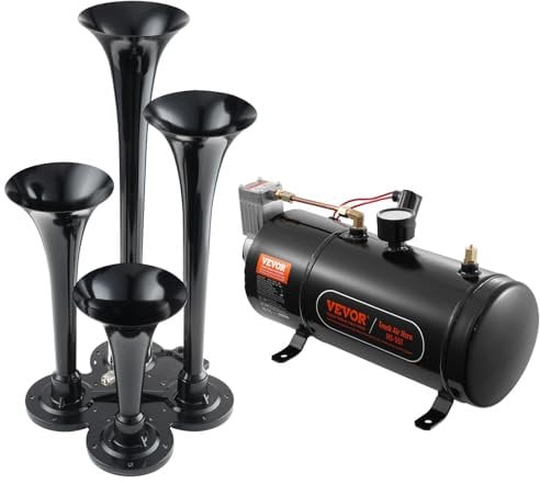 VEVOR Kit de 4 Bocinas de Trompeta Bocina de Automóvil de 150 dB con Compresor de Aire de 90-120 PSI Tanque de Aire de 3 L Bocina de Aire Universal de 12 V para Todos los Vehículos Trenes Barcos Auto