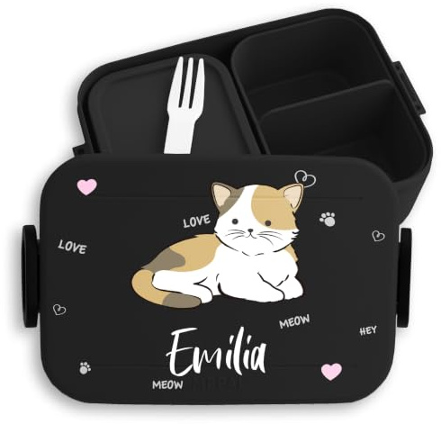Shirtracer Mepal Lunchbox Kinder personalisiert Süße Mieze Katze Name | Schwarz, 900 ml, Katzenliebe, Brotdose, mit Fächern, Schule, spülmaschinenfest, Vesperbox, Kindergarten, Einschulung, Midi