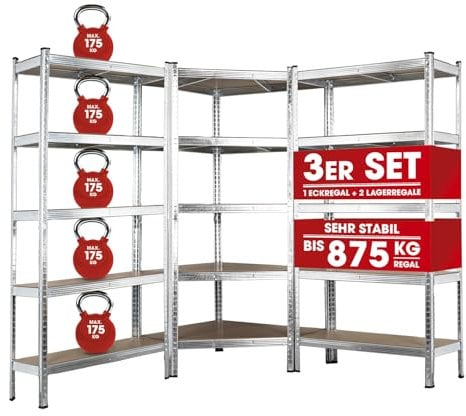 EASYmaxx Juego de 3 estantes Resistentes 180x90x40 cm | Estante esquinero y 2 estantes Altos | 2625 kg de Carga, 175 kg por Nivel | Estante de Almacenamiento con 15 estantes Ajustables
