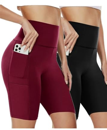 Gellmall 2er Pack Damen Kurze Leggings High Waist Yoga Fitness Hosen mit Taschen Knielang Radlerhose Push Up Laufen Gym Shorts Unterhose EU34-40