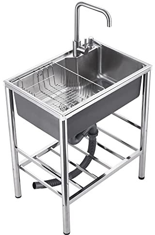 Genérico Fregadero cocinaFregadero de Cocina móvil de 1 Seno de Acero Inoxidable, 58 x 43 x 80 cm, con Tubo de conexión para Fregadero, para Cocina, Camping (dispensador de jabón Incluido)