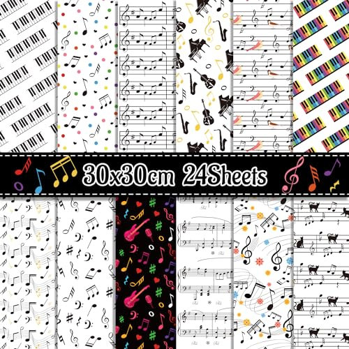 24 Blatt Musiknoten Scrapbook Papierblock doppelseitig schwarz weiß Musik Themed Muster Dekoratives Bastelpapier für Kartenherstellung Fotoalbum Journal DIY Handwerk, 30 x 30 cm