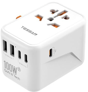 TESSAN Universal Travel Adapter 100W, International Adapter with GaN Fast Charging, 3 USB C 2 USB A Ports, Power Adaptor Worldwide for US to European UK Ireland AUS USA Germany (Type C/G/A/I), White