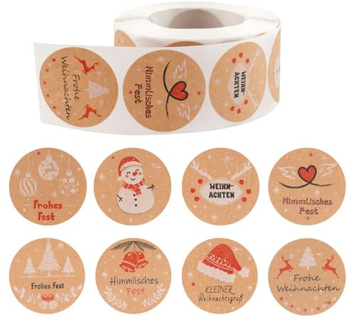 500 Stück Aufkleber Weihnachten zum Beschriften, Rund Kraftpapier Stickers, Selbstklebend Etiketten, Frohe Weihnachten Aufkleber, Decorative Weihnachtsetiketten für Umschlag Geschenk Dekoration