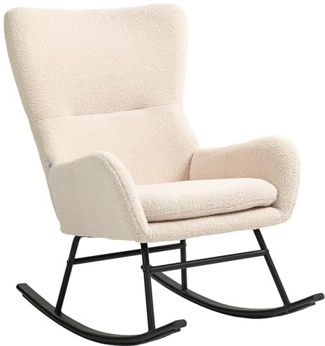 HOMCOM Fauteuil à Bascule, Chaise à Bascule, avec Assise de 10 cm d'épaisseur, Pieds incurvés en Acier, capacité de Charge 120 kg, pour Salon, Chambre, Balcon, Beige et Noir