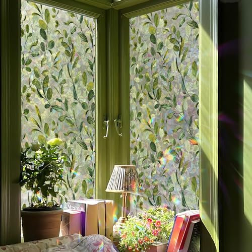 Funlife 43x100cm Fensterfolie Blickdicht Statische Fensterfolie,Fensterfolie Buntglas Regenbogen Dekorfolie,Fensterfolie Grün für Badezimmer Küche Schlafzimmer, Grün Aquarell Eukalyptusblätter