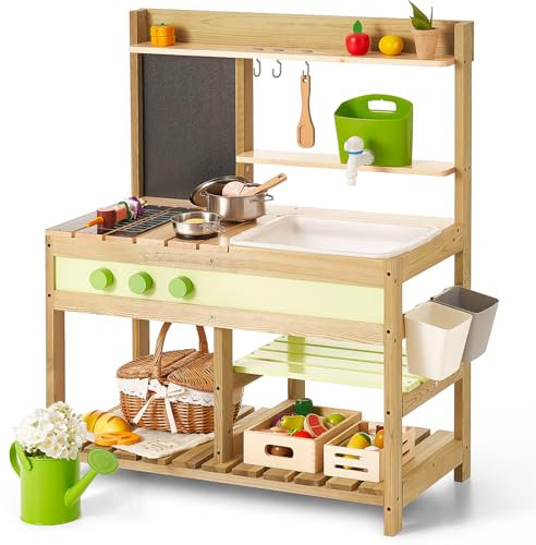 Giant bean Mud Kitchen Playset for Kids, Deluxe Wooden Toy Play Kitchen Set for Boys and Girls Ages 3-8 Indoor & Outdoor Activities, with Water Sink, Cookware Pots and Kitchen Accessories