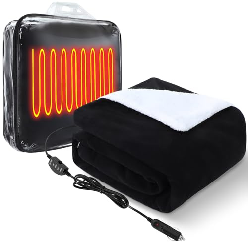 Riakrum 12v Heated Car Blanket 58 x 43, 3 Heating Level Electric Heated Blanket Portable Throw with Temperature Controller Cigarette Lighter Socket for Truck Winter(Black,Solid)